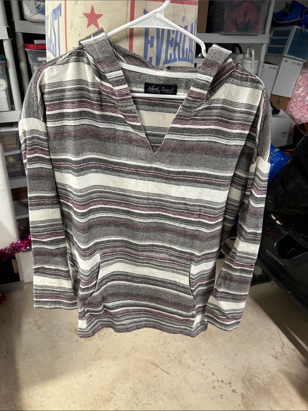 Striped V-Neck Pullover Sweater Hoodie - Neutral & Mauve Tones